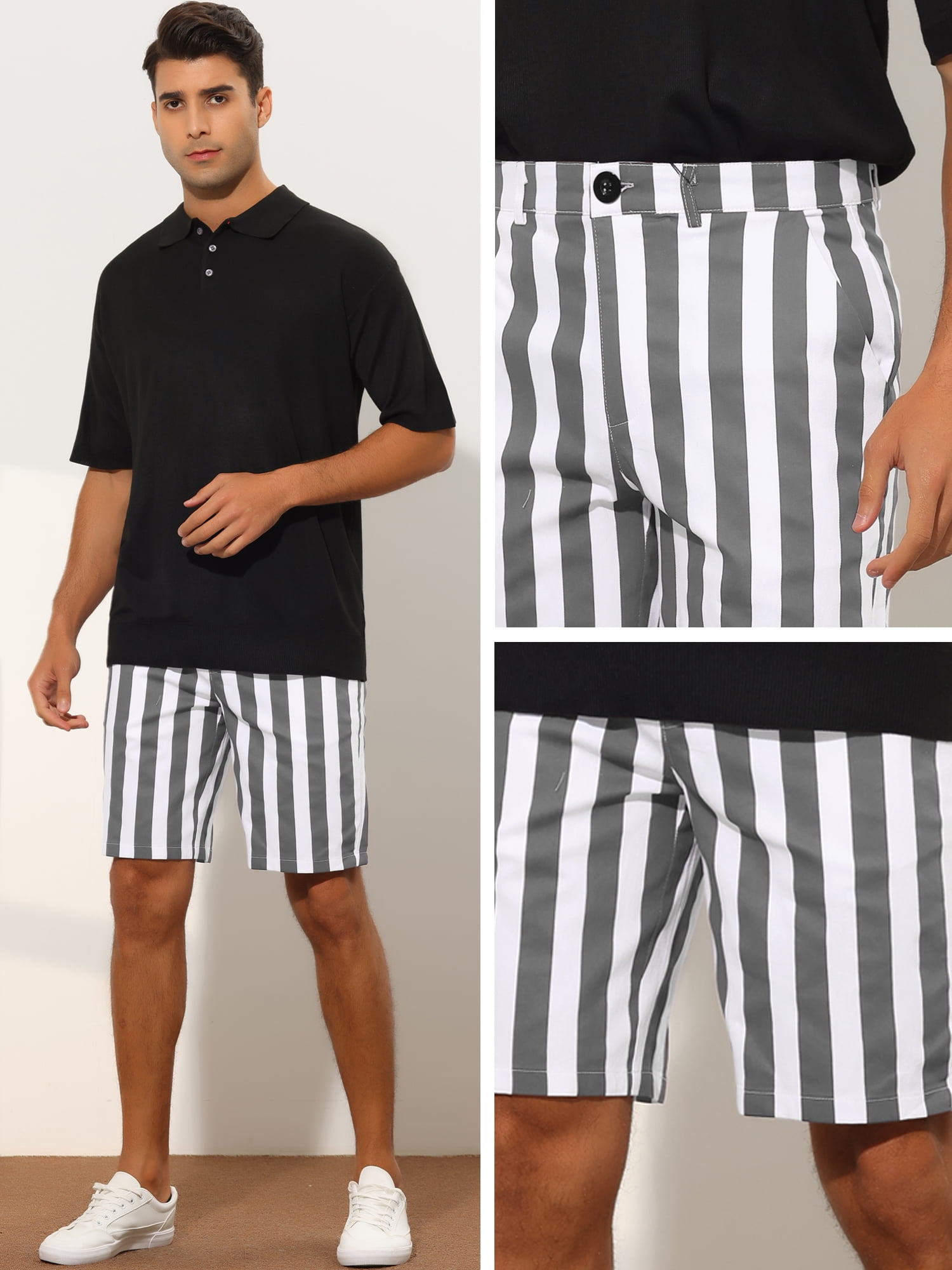 Unique Bargains Men's Striped Shorts Summer Regular Fit Business Flat Front Shorts 38 Gray