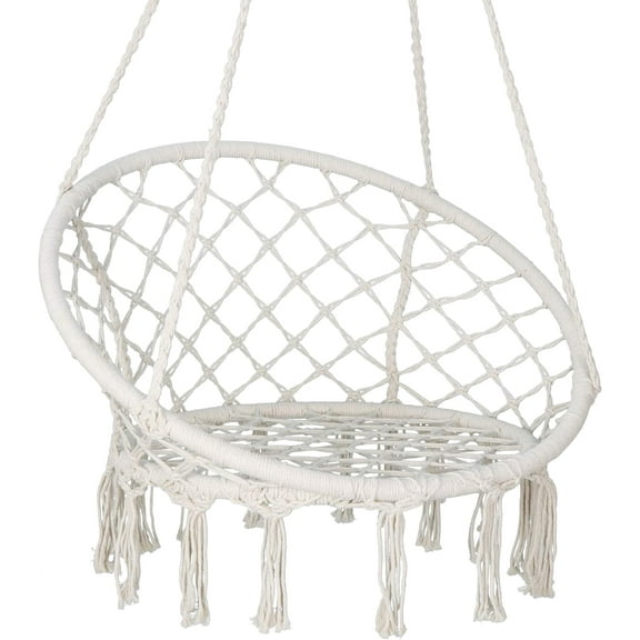 HYYOP Macrame Hanging Chair Swing Chair with Tassels Cotton Rope Mesh Hammock Chair Max 330 Lbs, Perfect Bohemian Style Decor and Relaxation Choice for Indoor Outdoor Home, Garden, Patio, Yard