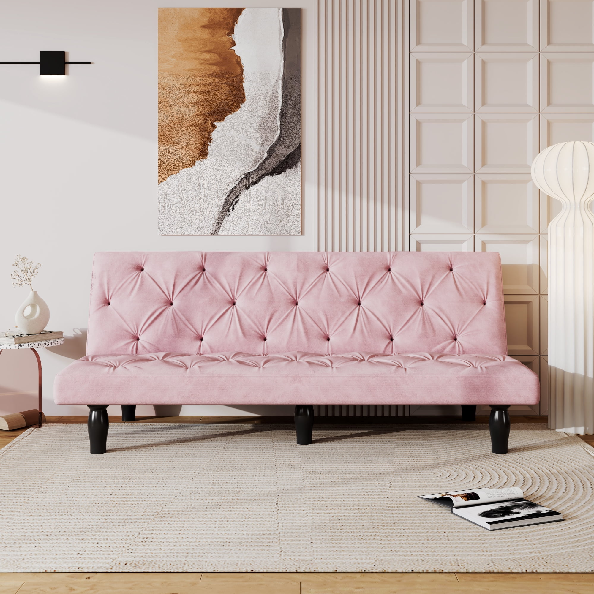 Jopath 66" 2-Seater Sofa Couches with Transforms Seamlessly, Velvet Sofa Bed for Apartments Living Room Bedroom Pink