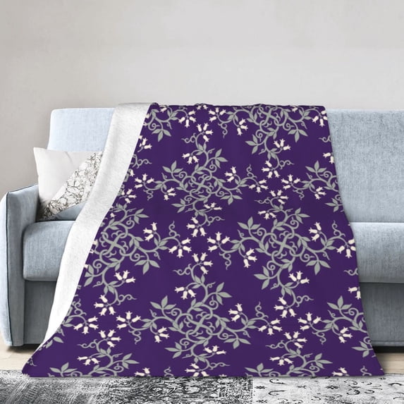 DouZhe Ultra-Soft Micro Fleece Lightweight Flannel Bed Blanket, Damask Style Blue Flower Print Cozy Warm Throw Blankets, 60"x50"