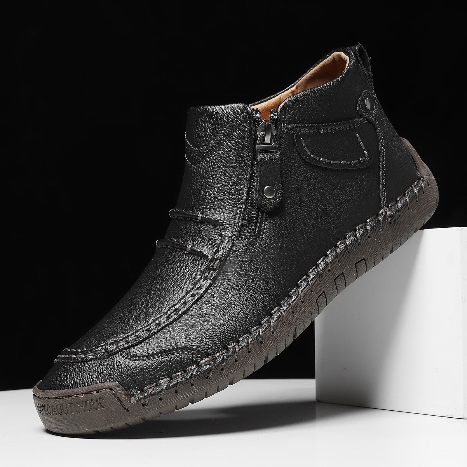 Menâs -On Orthopedic Leather Boots,Menâs Handmade Leather -On Driving Boots,Men Side Zipper Orthopedic Shoes for Driving Hiking