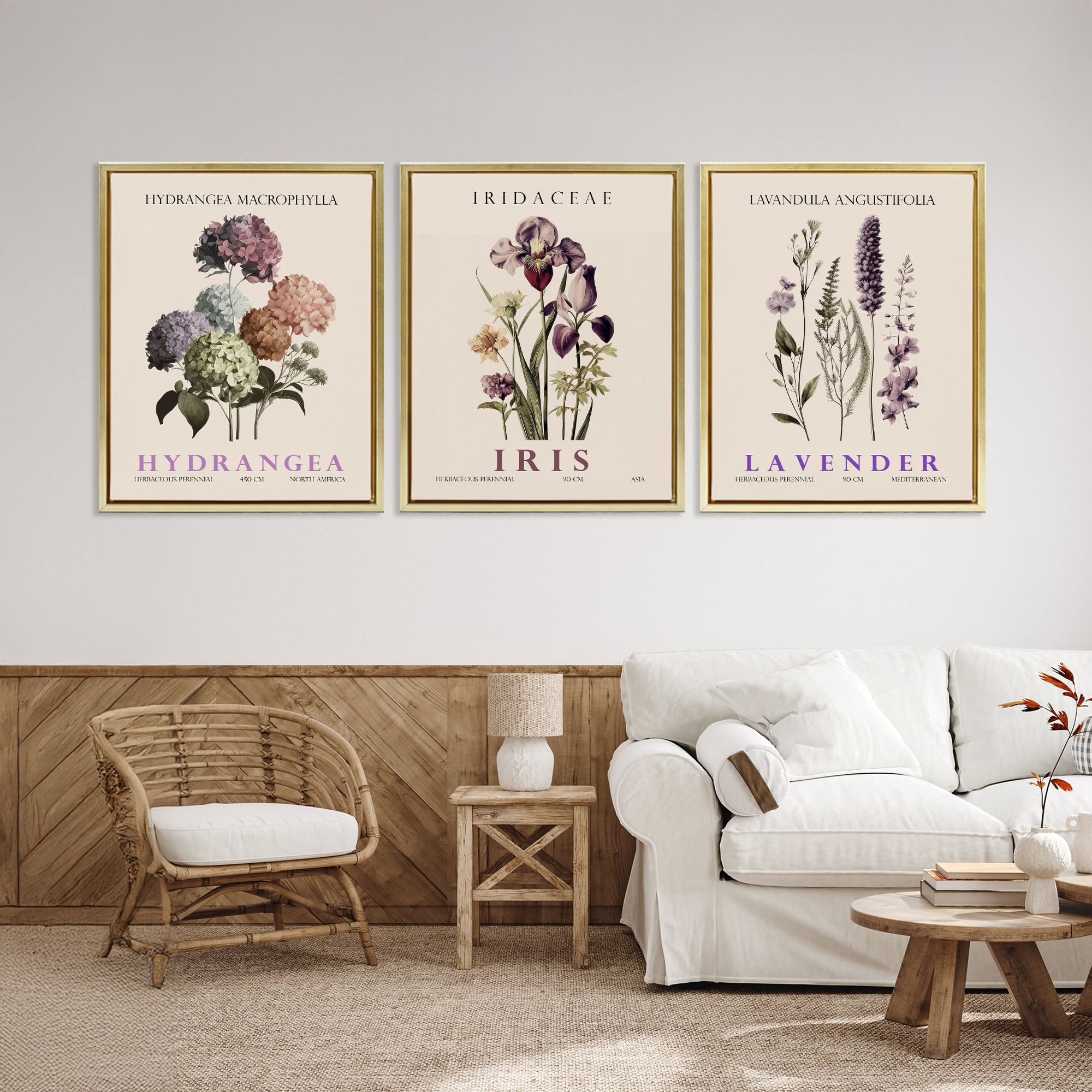 Stupell Industries Botanical Bundles & Sprigs 3 Piece Gold Framed Floater Canvas Set, design by Christopher Giampietro