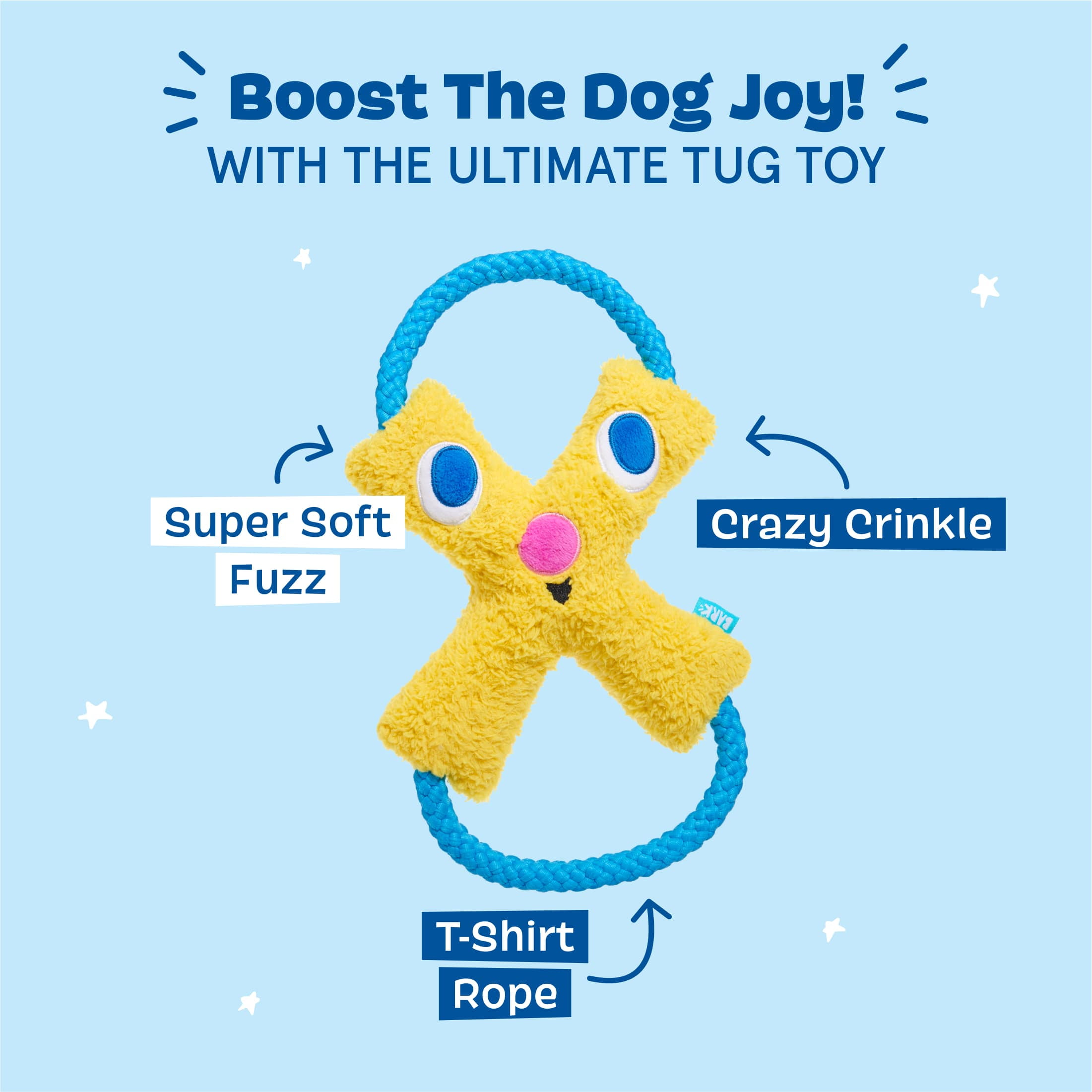 BARK Jinxie Blue Yellow Play Pal Buddy Plush Dog Toy, All Size Dogs