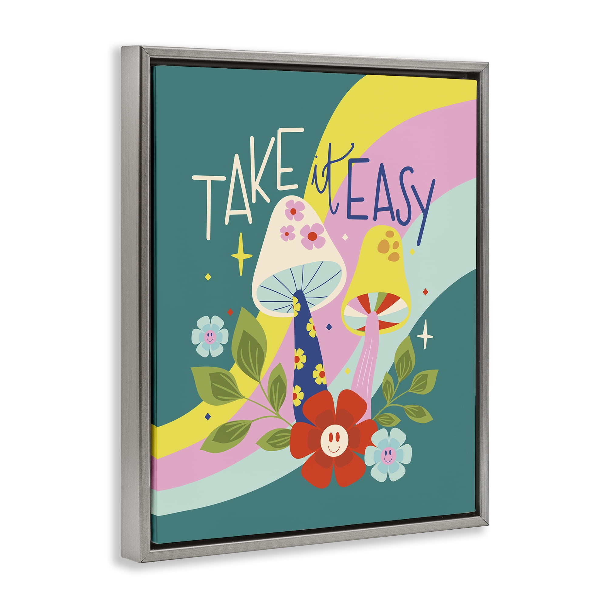 Stupell Industries Take It Easy Mushrooms Plants & Flowers Painting Gray Floater Framed Canvas Art Print Wall Art, 17 x 21