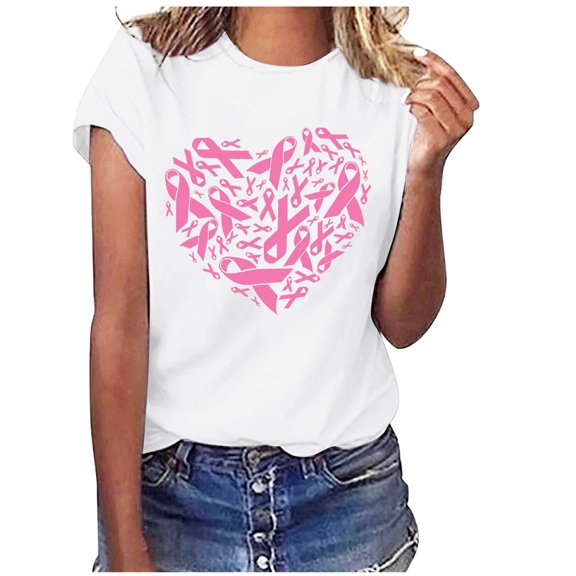 WREESH Womens Pink Ribbon Heart Print Shirts Breast Cancer Awareness T-Shirts Basic Short Sleeve Creweck Tee Tops Trendy Casual Workout Blouses White A