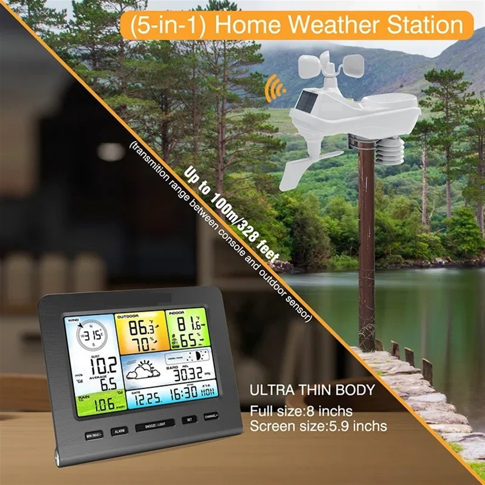 Indoor Outdoor Wireless Weather Station 5 In 1 LED Color Console Forecast Temperature Humidity Anemometer Rain Meter Alarm Clock ,High Precision