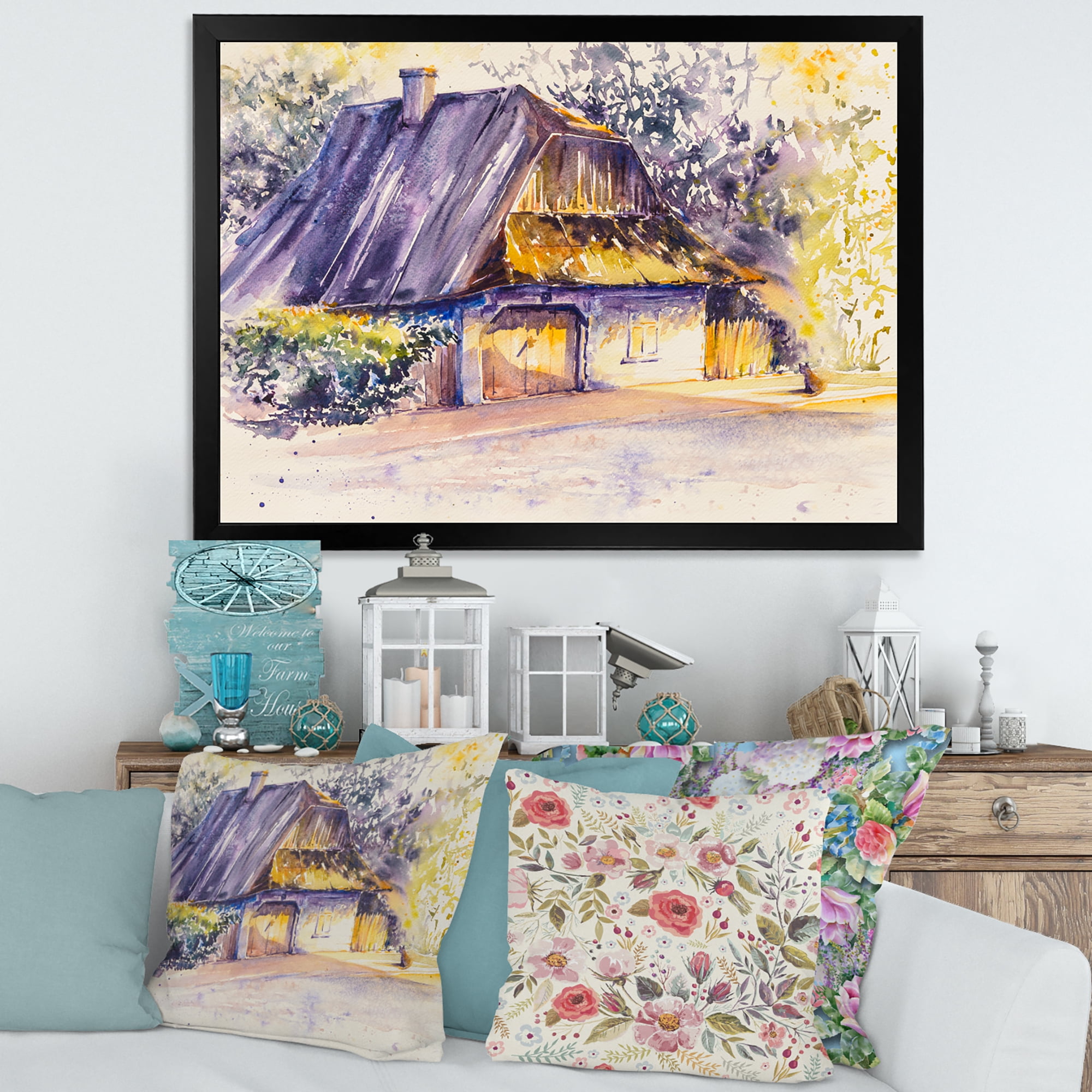 Old Wooden White House In Country Side Village During Afternoon Glow 20 in x 12 in Framed Painting Canvas Art Print, by Designart
