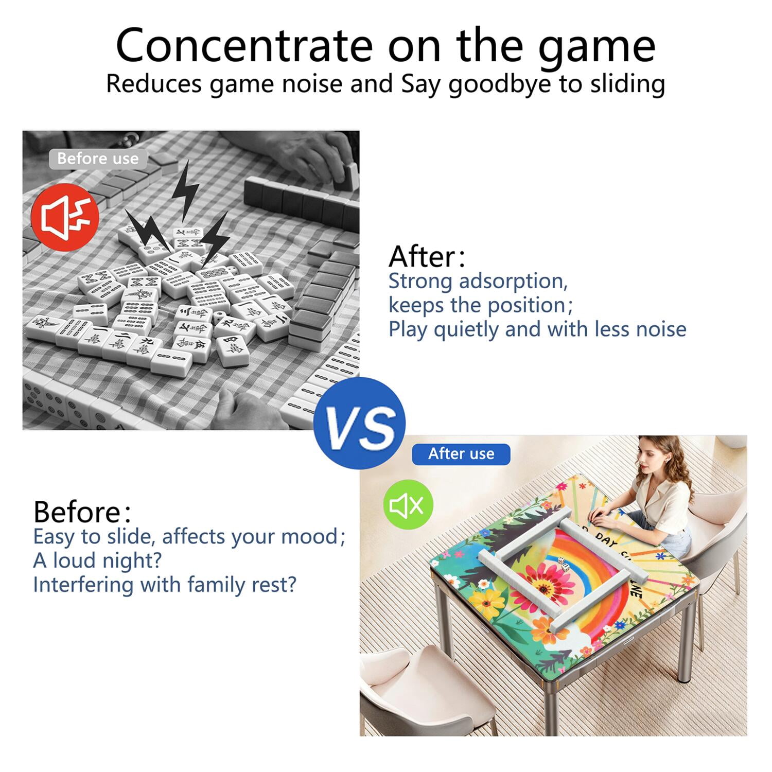 Traditional Boho Style Rubber Mahjong Table Cover 31.5x31.5 Inch Large Mat Features Non-Skid Bottom for Stability and Noise Reduction for Tiles and Games