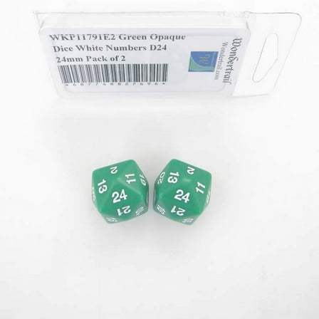 Green Opaque Dice with White Numbers D24 24mm (15/16in) Pack of 2 Wondertrail