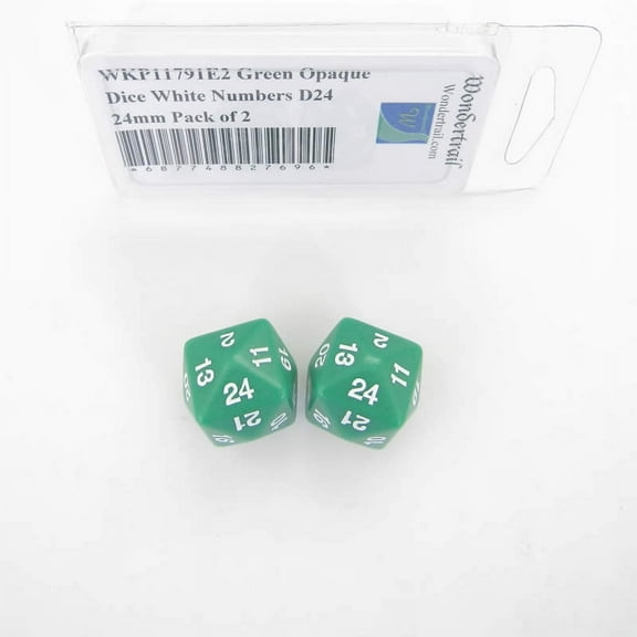 Green Opaque Dice with White Numbers D24 24mm (15/16in) Pack of 2 Wondertrail