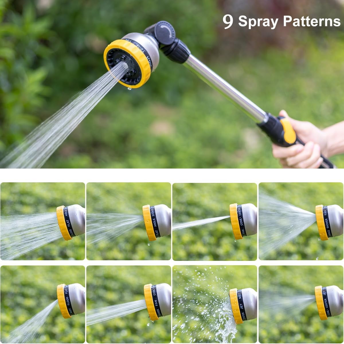 FANHAO Metal Watering Wand with 9 Sprayer Patterns, 16 inch Garden Hose Nozzle Wand for Lawn, Yellow