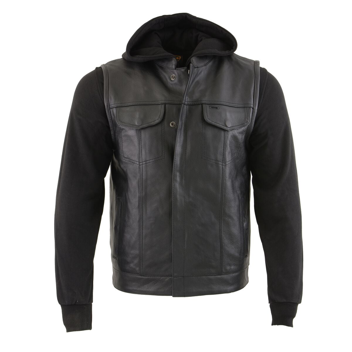 Photo 1 of Milwaukee Leather LKM3714 Men's Black Leather Club Style Zipper Front Vest with Full Sleeve Hoodie and Quick Draw Pocket Black