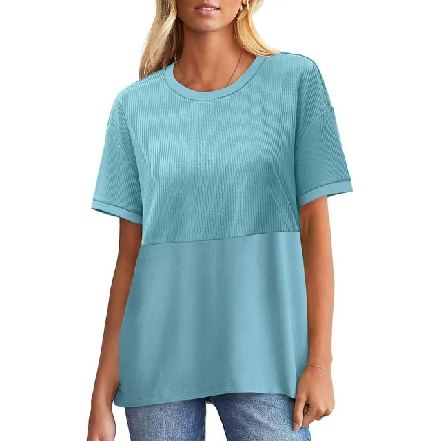 Yanlir Classique Hauts à Col Rond Manches Courtes pour Femmes Couleur Unie Printemps Été Blouse Décontractée, Basique Ample Style T-Shirt pour Usage Quotidien 2025(Bleu Ciel1,)