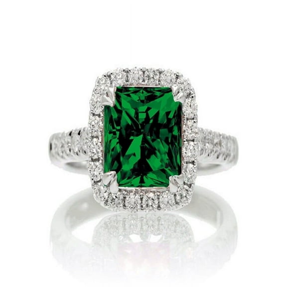 1.5 Carat Cushion Cut Emerald Halo Engagement Ring for Women on 10k White Gold