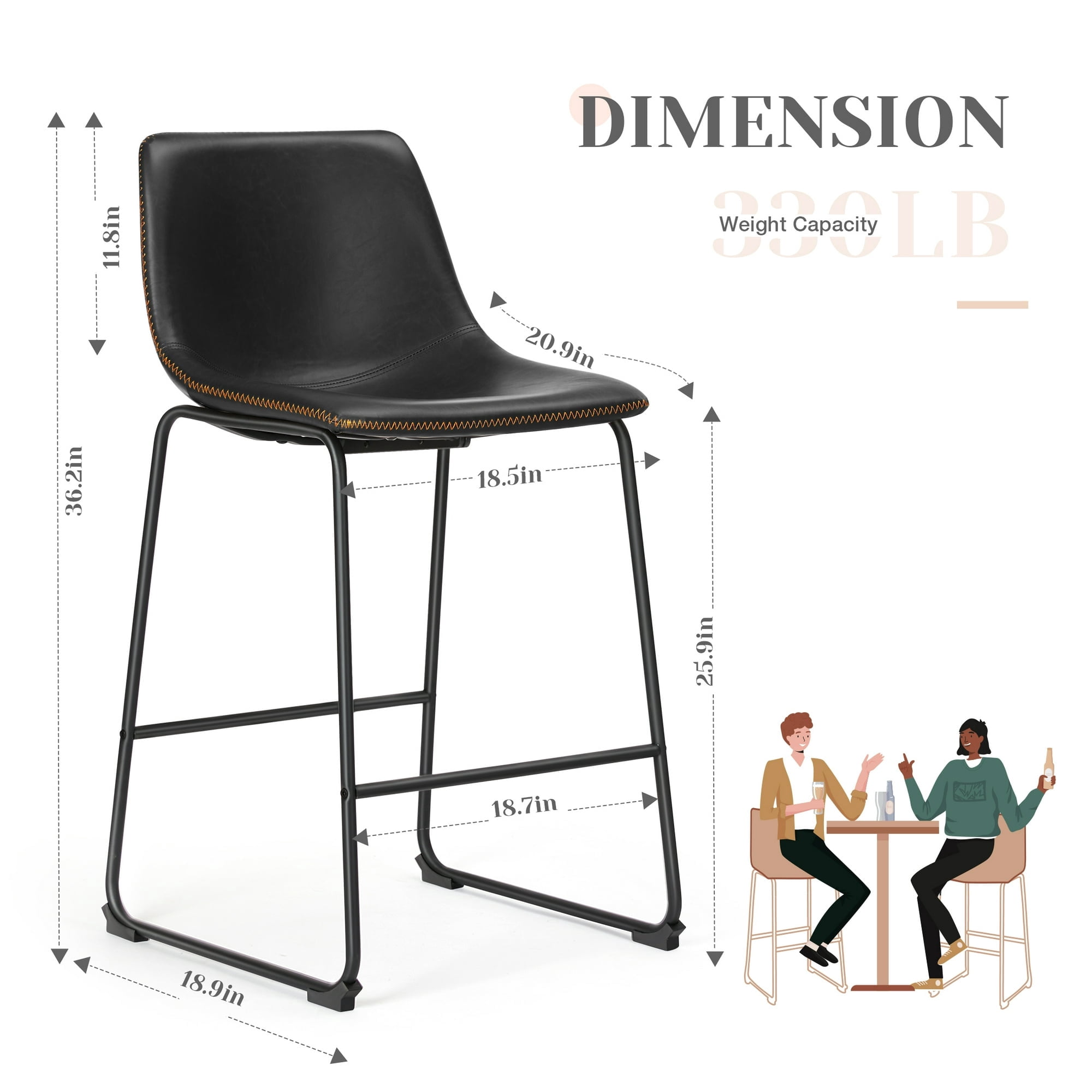 MCQ Counter Height Bar Stools Set of 2, Faux Leather 26 inch High Barstools with Back and Metal Leg, for Home Kitchen Office, Black