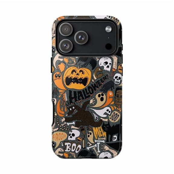 Spooky Halloween Doodle Phone Case, Monster Mash Pattern Cover for iPhone 17 16 15 14 13 12 11 Pro Plus Mini
