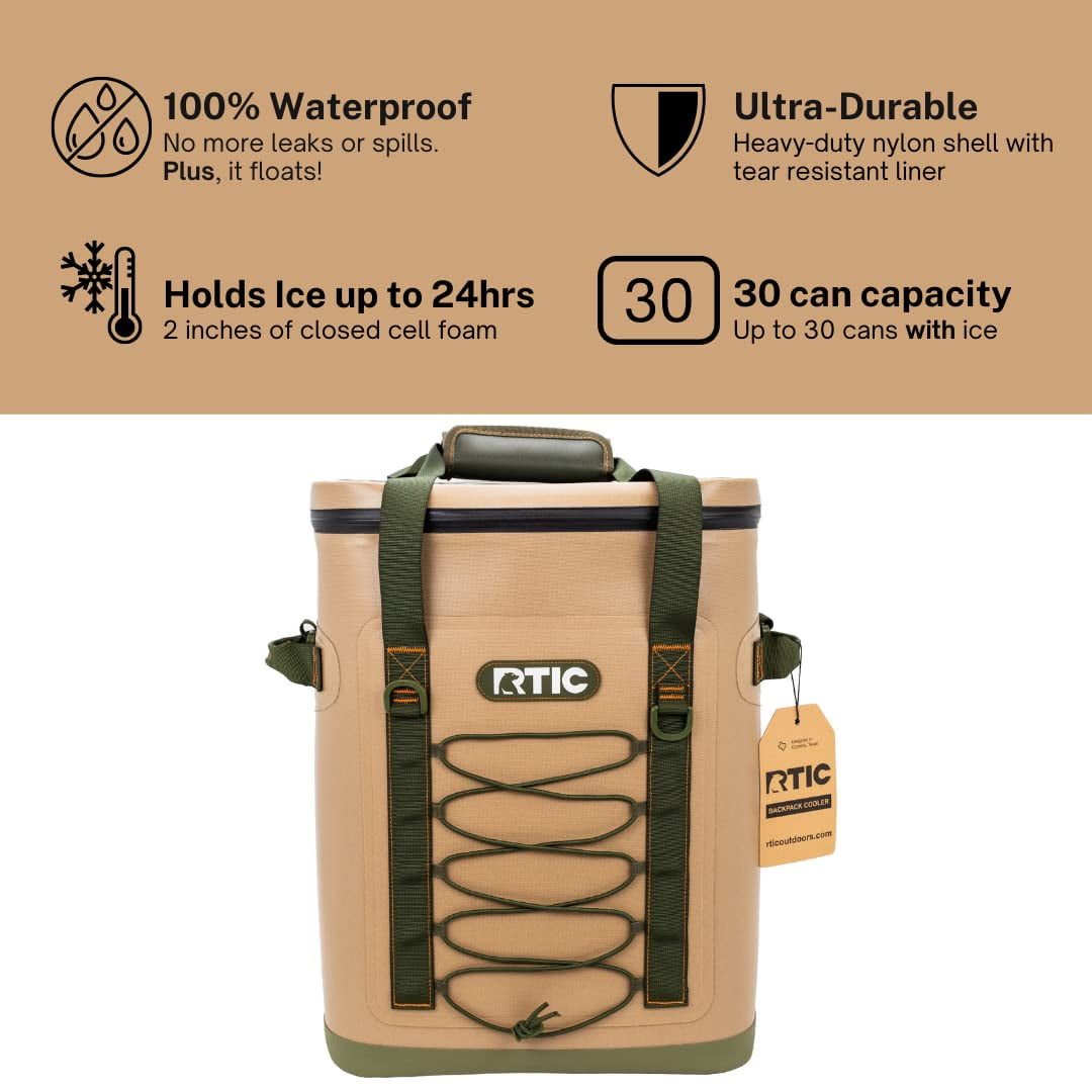 RTIC 36 Can Backpack Cooler, Leakproof Ice Chest Cooler with Waterproof  Zipper, Tan 