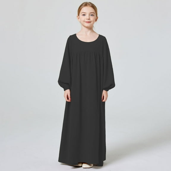 Xiaowennn Kids Girls Adorable Abaya Dresses Long Sleeve Slim Fit Casual Prayer Robe Dress Girls Walk Thru Dress