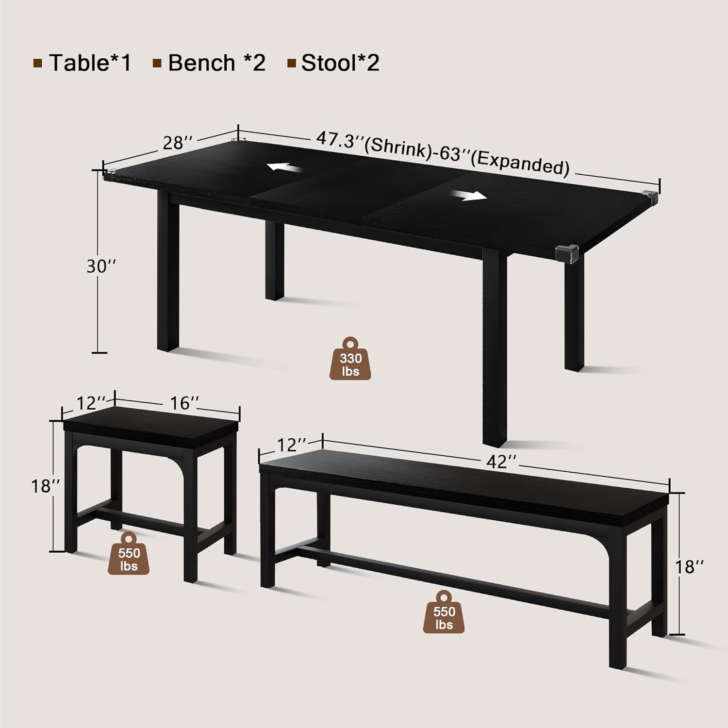 Honfach 5 Piece Dining Table Set for 4-8 People, 63" Large Extendable Kitchen Table Set with 2 Benches and 2 Square Stools, Black