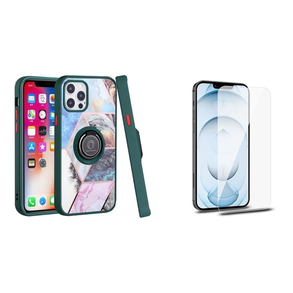 Bemz Ring Series Case for iPhone 14 Pro Max (TPU Silicone Cover with Magnetic Stand) with Tempered Glass Screen Protector - Green on Galaxy Marble