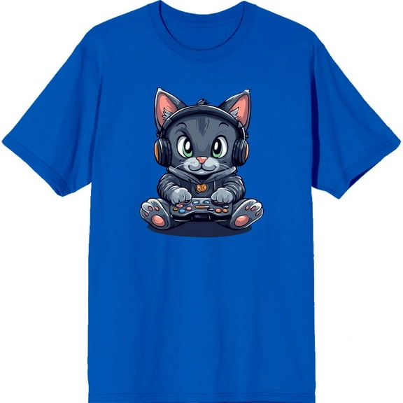 Focused Gamer Cat Adult Royal Blue Crew Neck Short Sleeve Tee-Medium