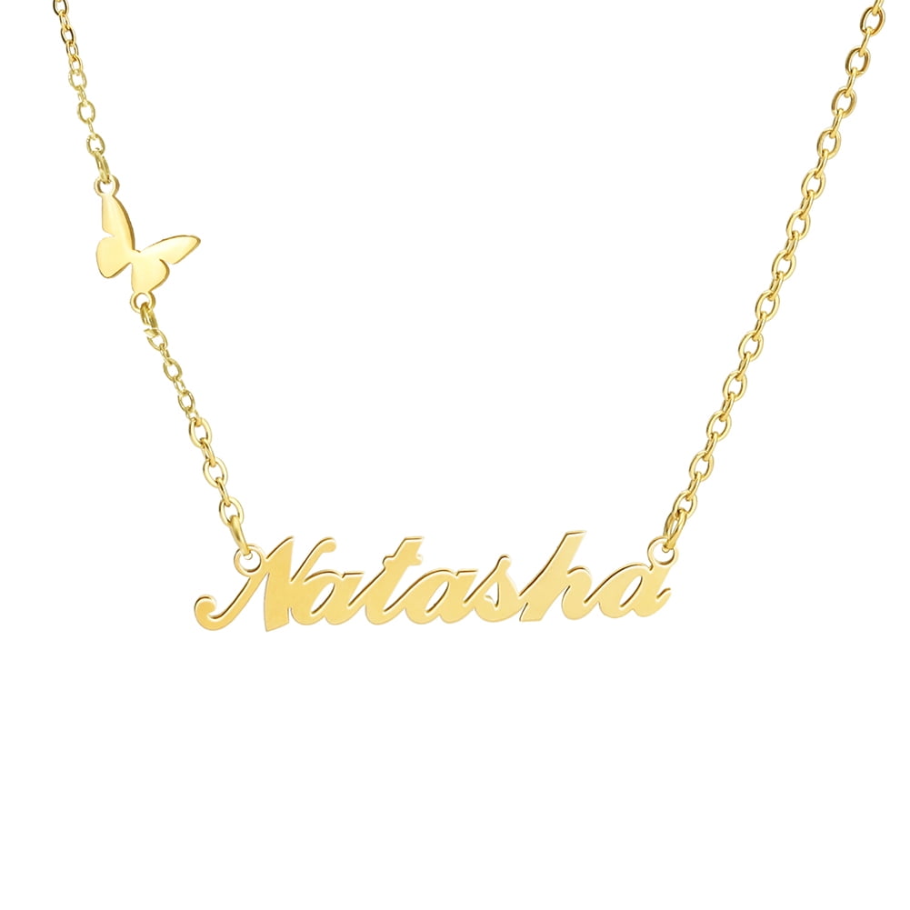 Personalized Name Necklace with Butterfly, 18K Gold Plated Stainless Steel Custom Nameplate Pendant Necklaces, Cross Chain, 6 Chain Length Options