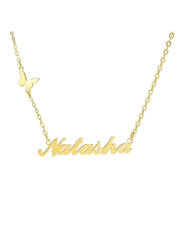 Personalized Name Necklace with Butterfly, 18K Gold Plated Stainless Steel Custom Nameplate Pendant Necklaces, Cross Chain, 6 Chain Length Options
