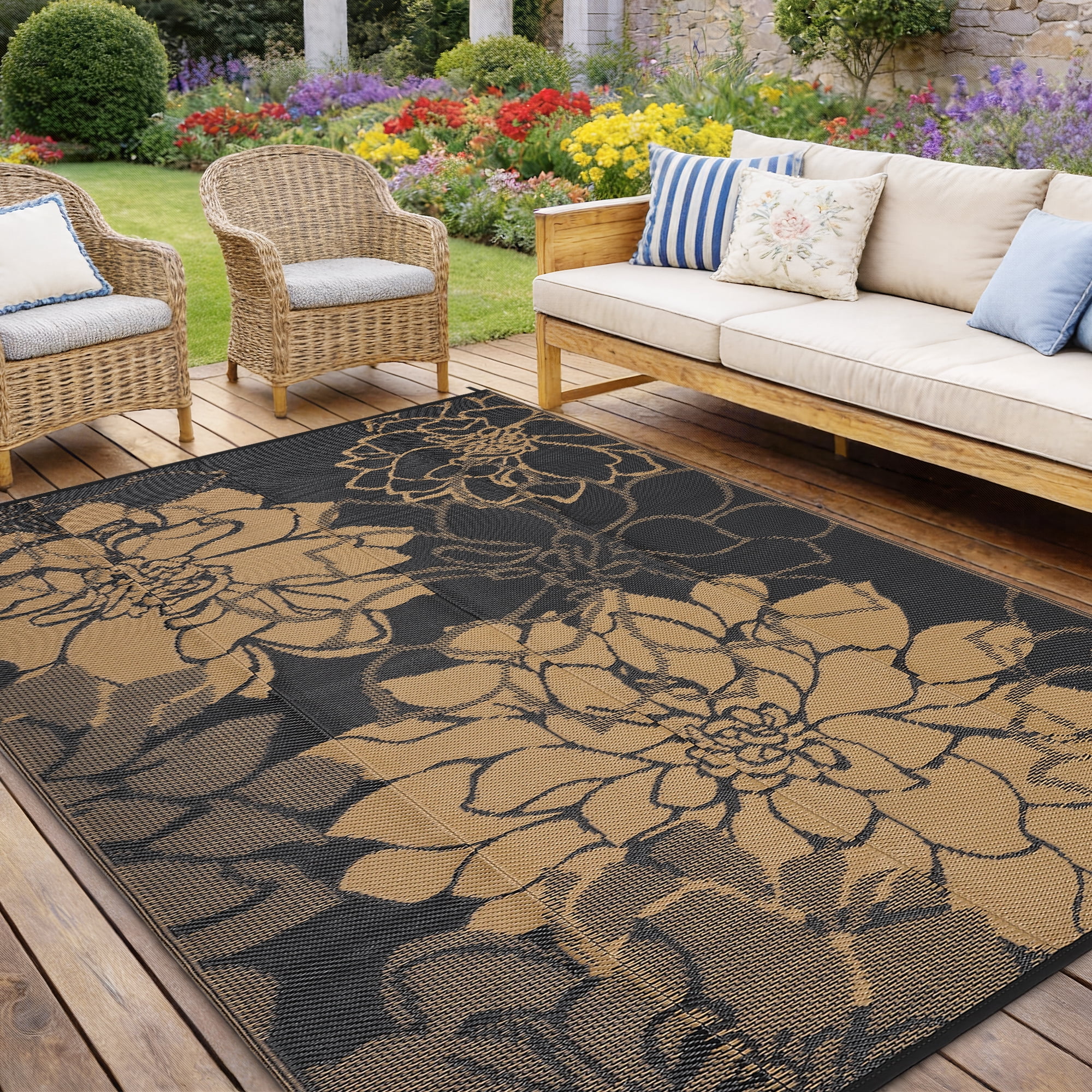 Nanan 9x18ft Outdoor Rug Waterproof Reversible Plastic Straw Patio Rug, UV Resistance Portable Floral Camping Carpet for Deck, Porch, Balcony, Backyard, Black Brown