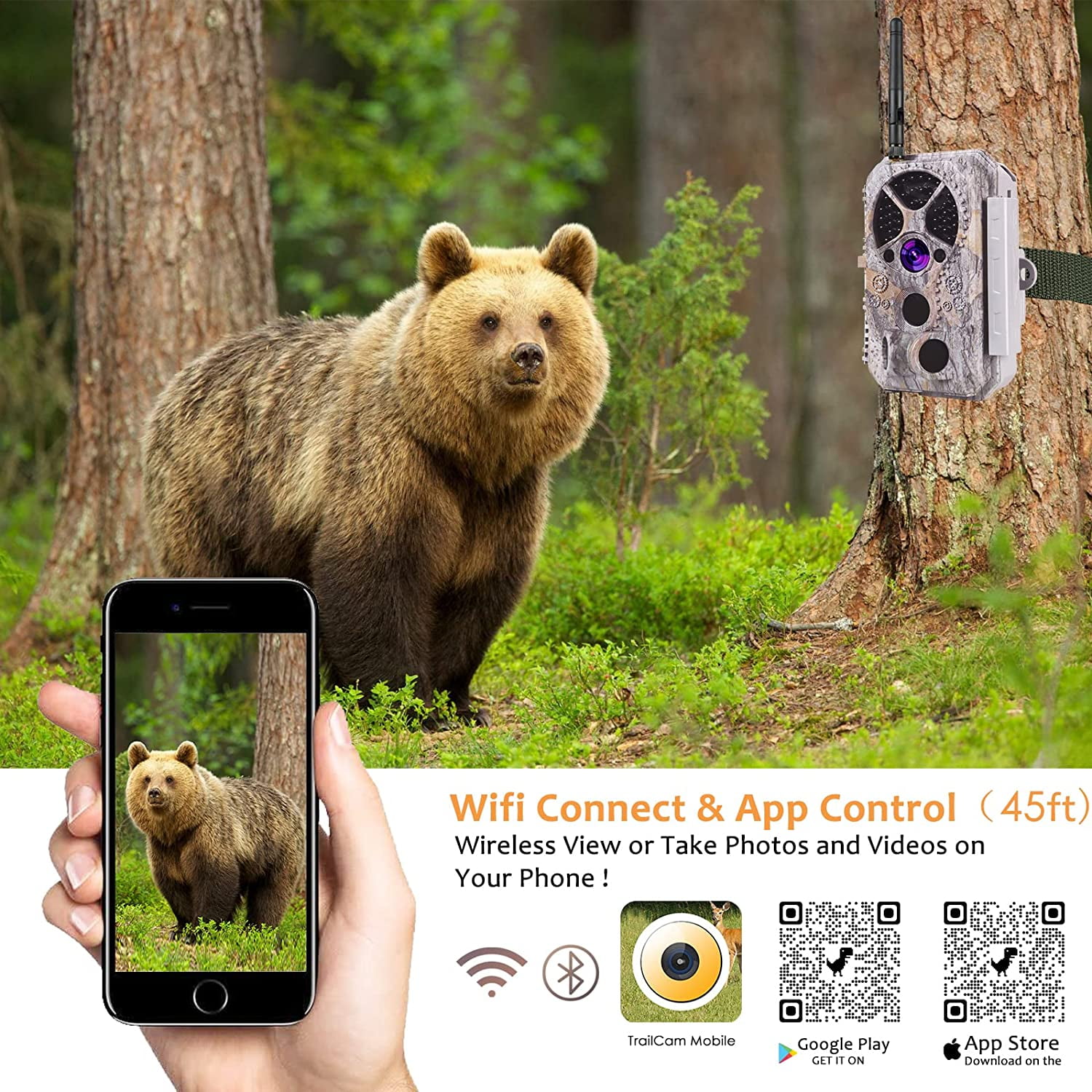 Bluetooth Wireless WiFi Game Trail Camera & Wildlife Deer Hunting Security Camera 32MP Picture 1296P Video Motion Activated Night Vision 100ft Black Flash Infrared 0.1s Trigger Speed IP66 Waterproof