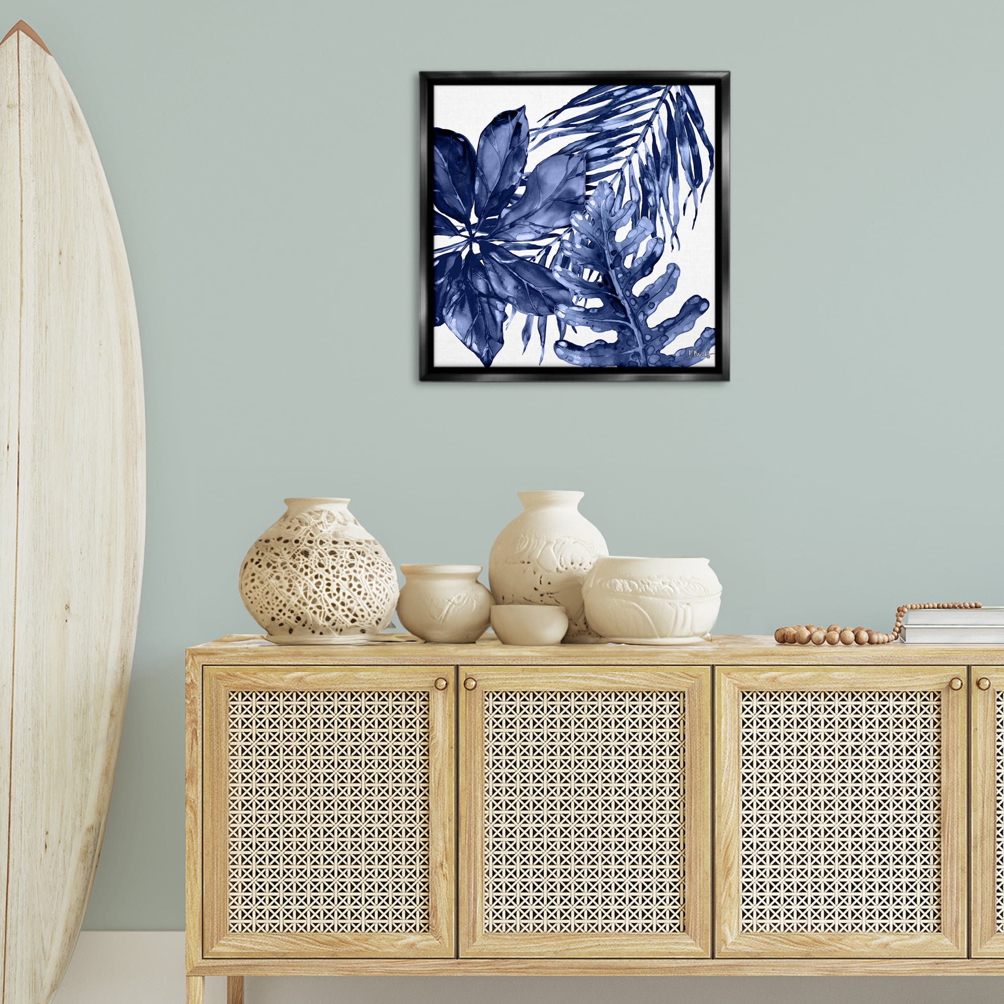 Stupell Industries Blue Hued Plant Leaves Botanical & Floral Painting Black Floater Framed Canvas Art Print Wall Art, 25 x 25
