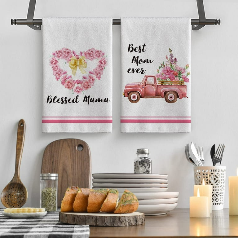 Best Mom Ever Blessed Mama Happy Mother's Day Home Kitchen Towels, 18 x 26  Inch Ultra Absorbent Coffee Tea Bar Hand Towels Bathroom Gift for Cooking  Baking Set of 2 