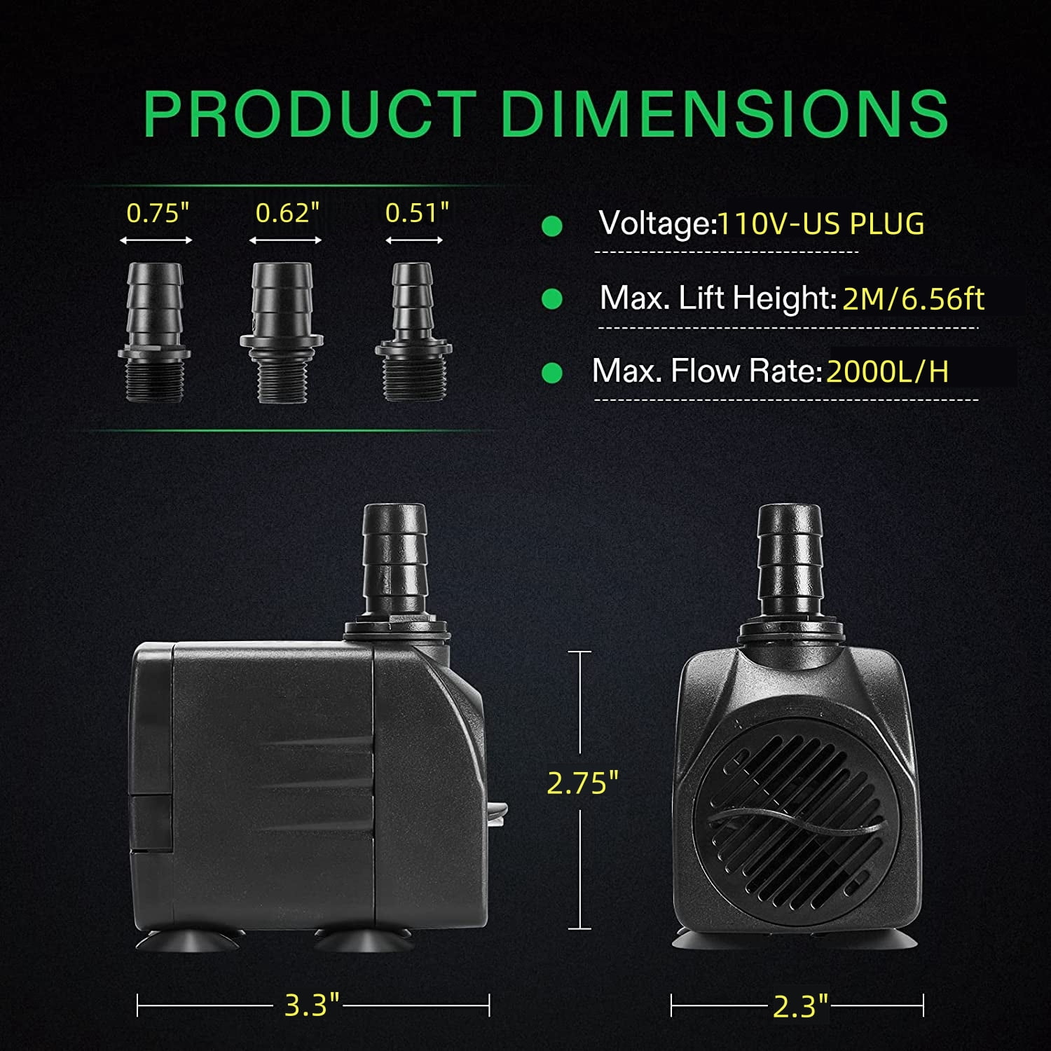 Submersible Pump 110V 2000L/H 20W, Max Lift 2M, with 3 Nozzles & 6 Suction Cups for Aquarium, Hydroponics, Water Feature