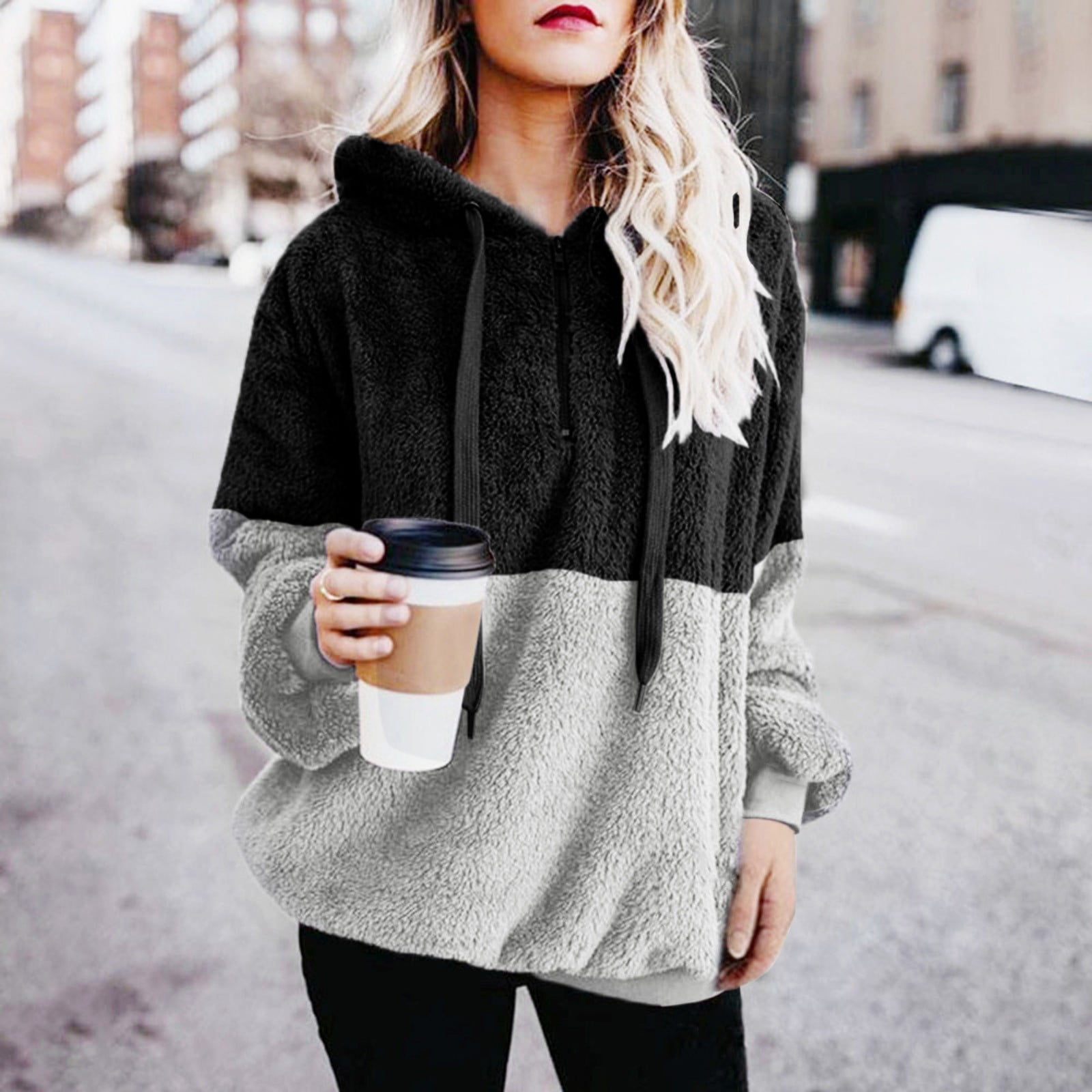 Women Hooded Sweatshirt Winter Warm Zipper Pocket Pullover Blouse