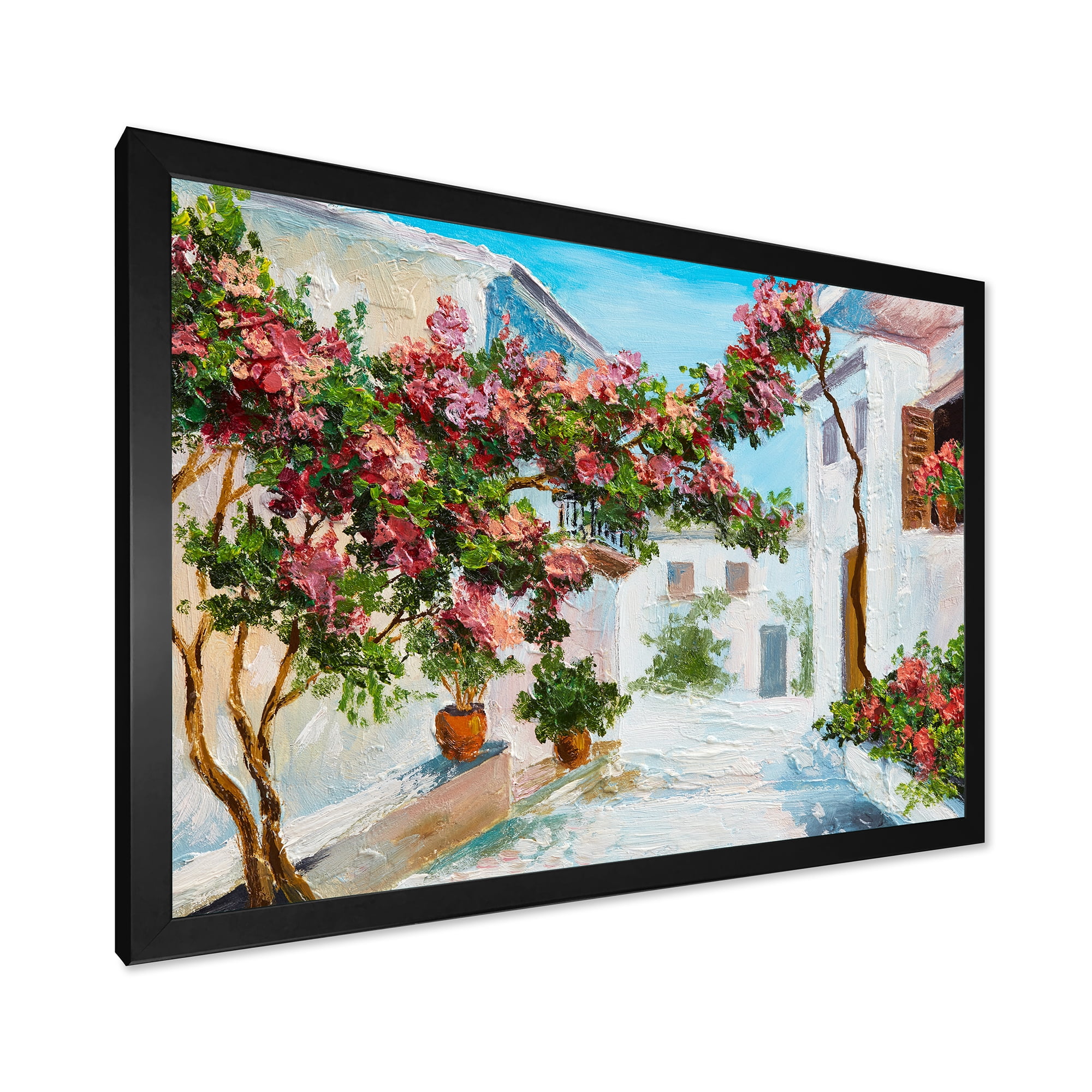 Designart 'Blossoming Flowers With White House Near The Sea' Nautical & Coastal Framed Art Print