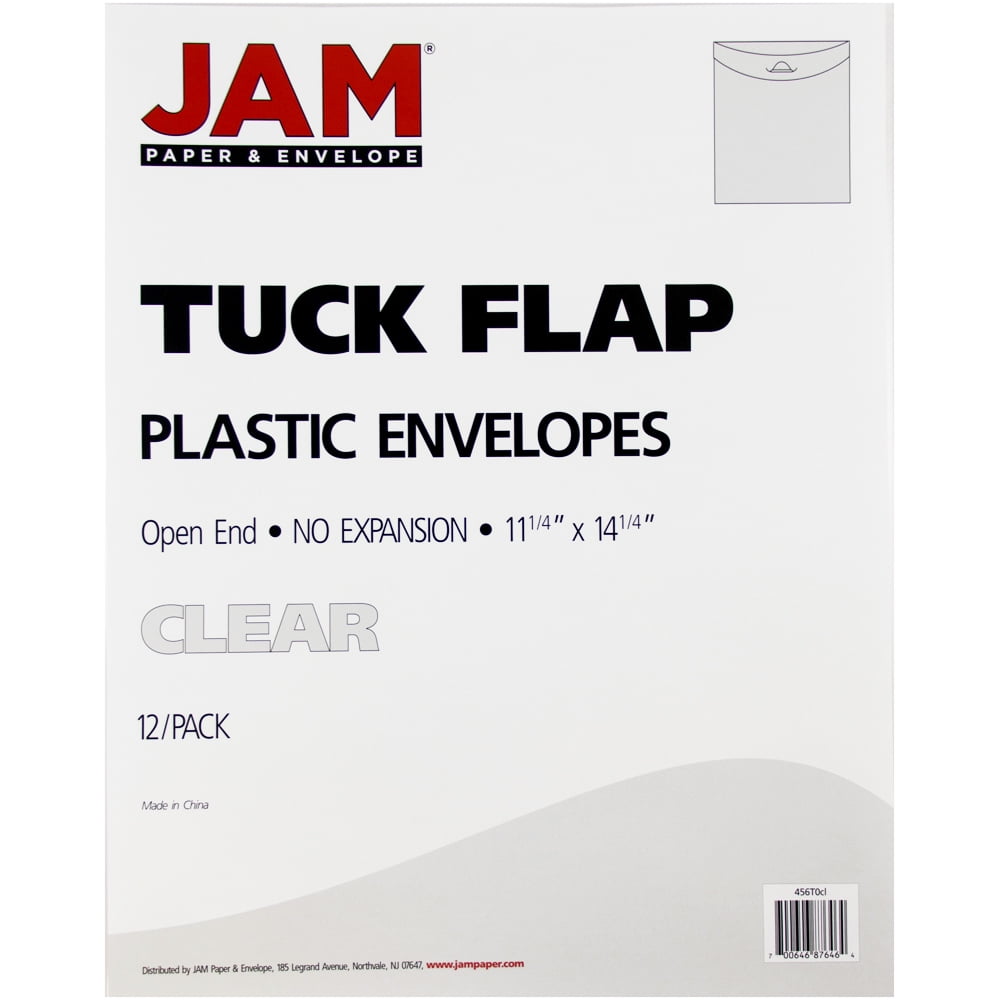 JAM Paper Plastic Tuck Flap Envelopes, 11x14, 12/Pack, Clear, Open End