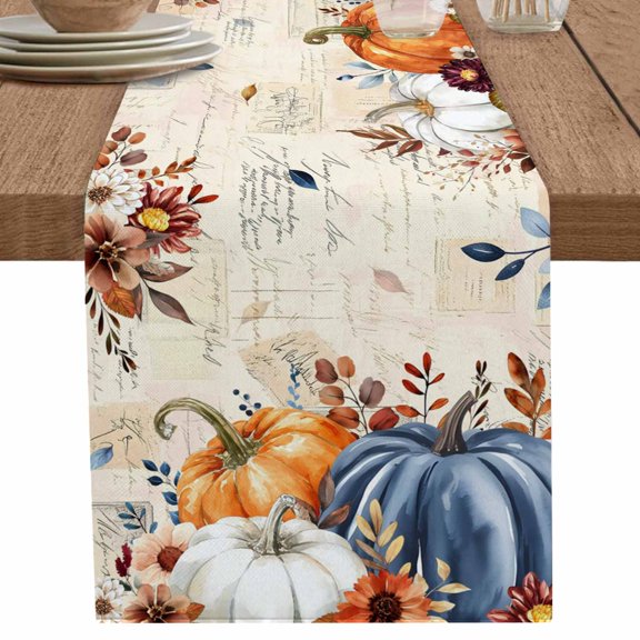 nqOlkjepod Fall Orange Blue Table Runner 72 Inches Long Farmhouse Dress Scarves, Thanksgiving Floral Botanical Retro Dining Tablerunner for Coffee Table/Kitchen Island/Party Décor, 13" x 72"