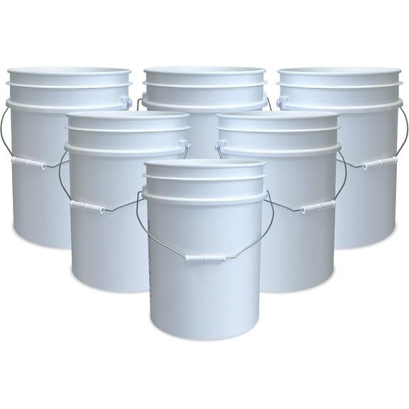 5 Gallon Bucket | Made in | Food Grade | Durable 90 Mil All Purpose Pail | BPA | Premium HPDE | Easy Stack and Store | Lids Not Included (White, 6)