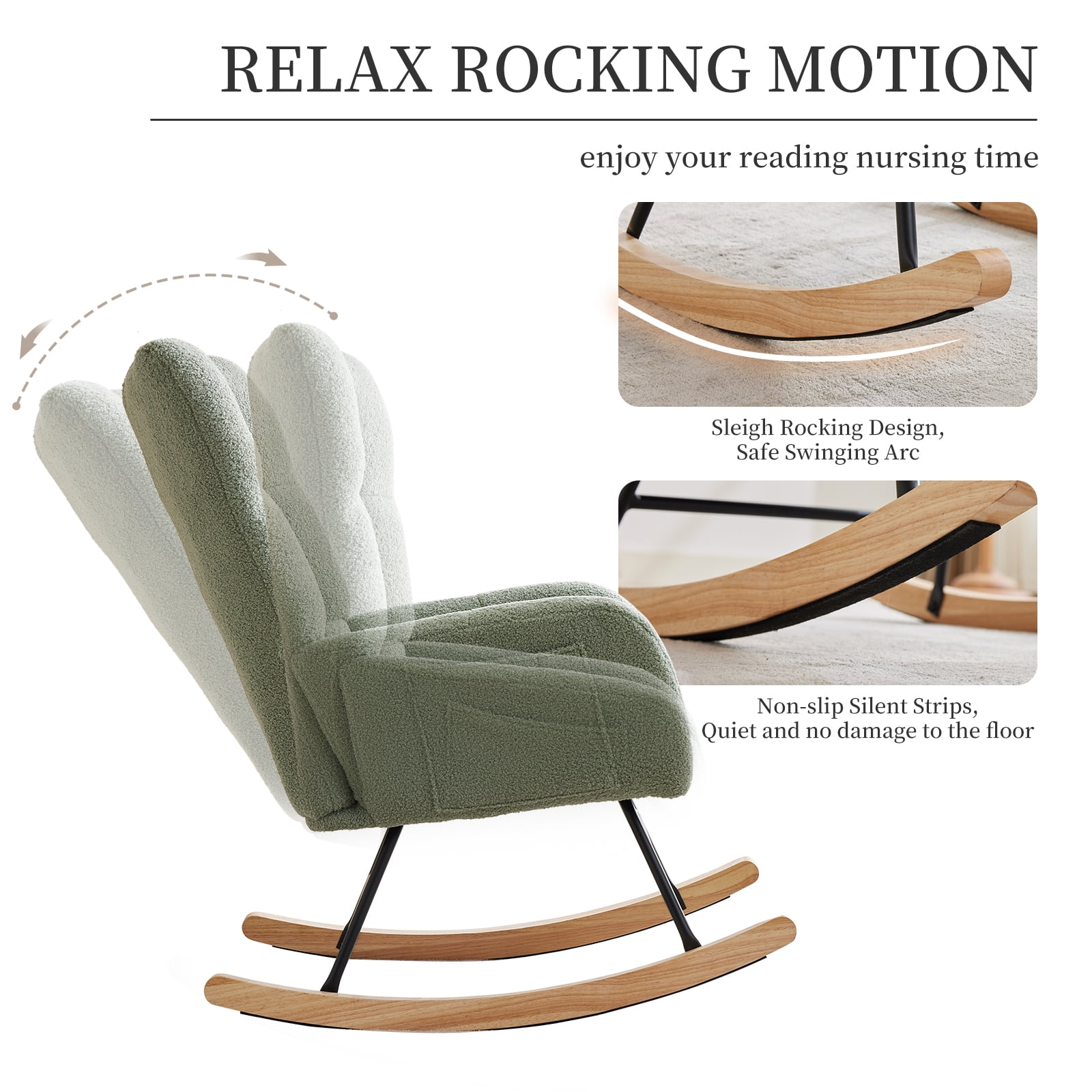 Garvee Modern Plush Rocking Chair, Teddy Upholstered Glider Accent Armchair with High Backrest for Nursery, Bedroom & Living Room, Green