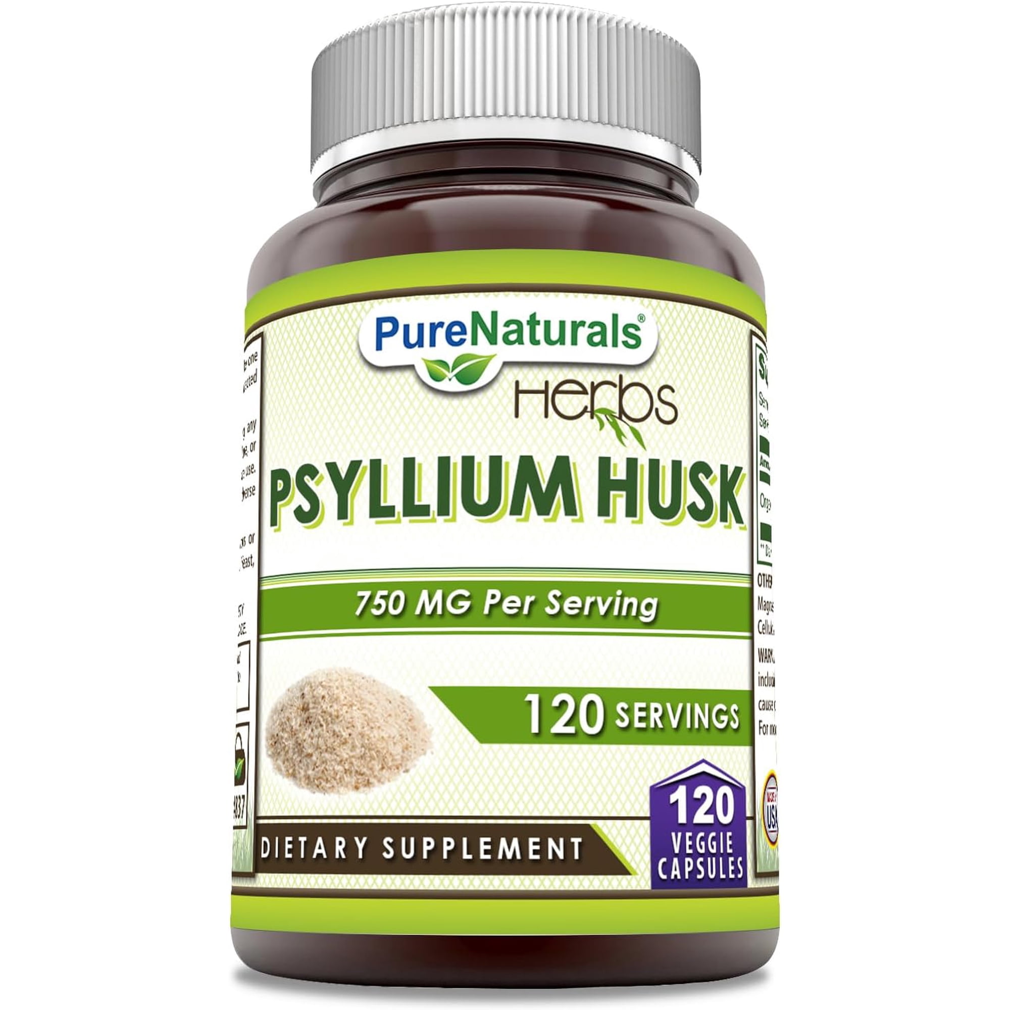 Pure Naturals Psyllium Husk 750mg Per Serving 120 Veggie Capsules Supplement | Non-GMO | Gluten Free | Made in USA | Suitable for Vegetarians