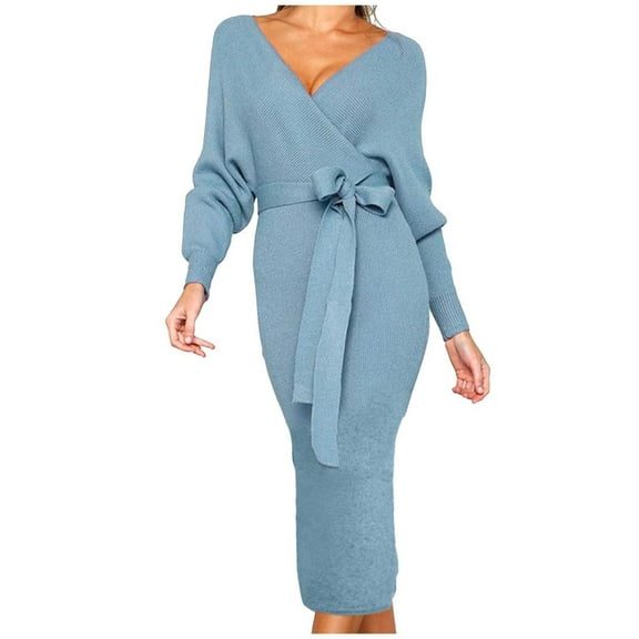 Women's Sweater Dress Long Sleeve V Neck Tie Waist Knit Dress Elegant Casual Winter Outfit For Party Daily Wear