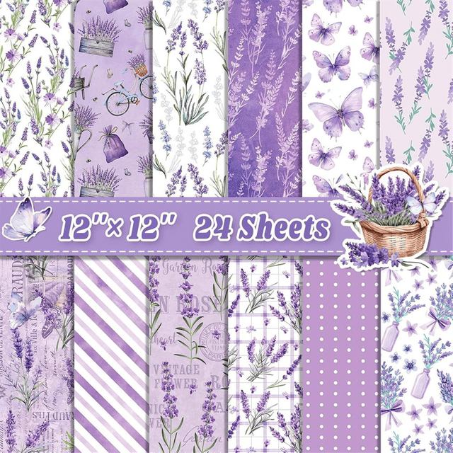 24 Sheets Scrapbook Paper 12inch X 12inch Double-Sided Bows Pattern Paper Decorative Decoupage Cardstock Lavender