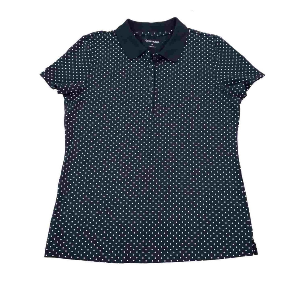 Northcrest Womens Navy Blue Polka Dotted Short Sleeve Button Front