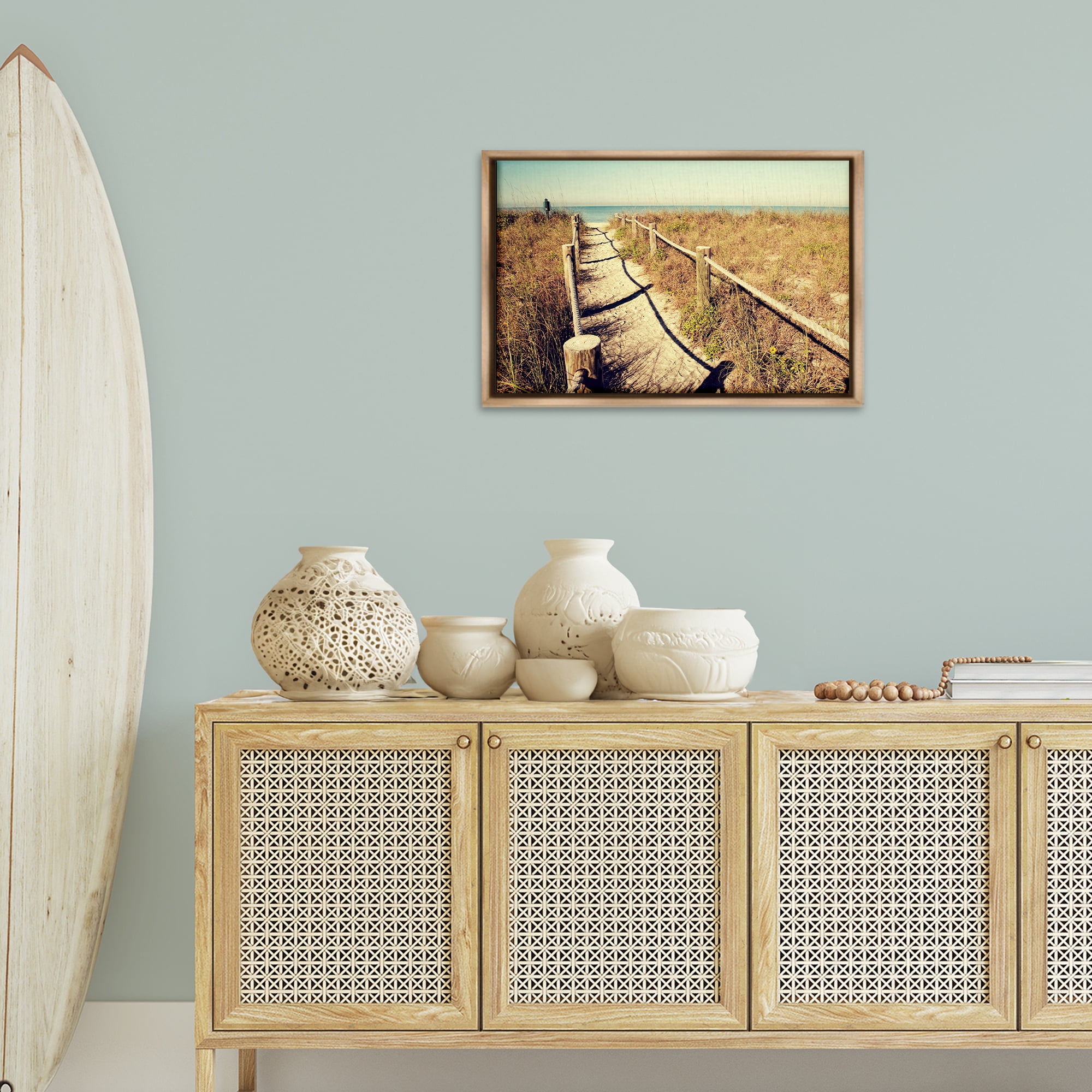 Stupell Industries Sandy Path Railing Landscape & Nature Photography Brown Floater Framed Canvas Art Print Wall Art, 25 x 17