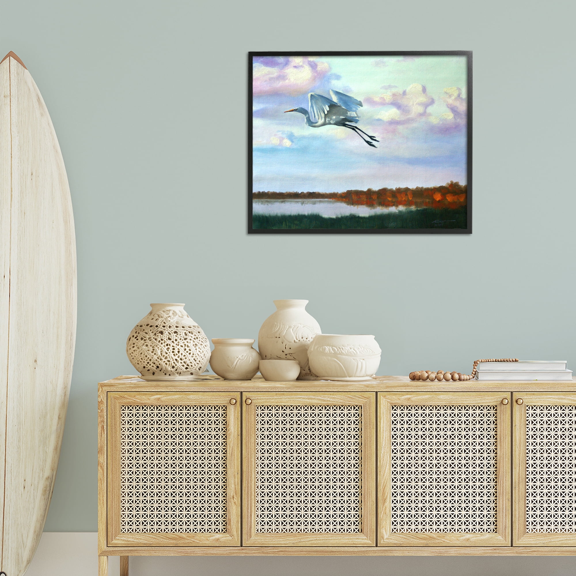 Stupell Industries Egret Over Lake Shore Landscape Painting Black Framed Art Print Wall Art, 30 x 24