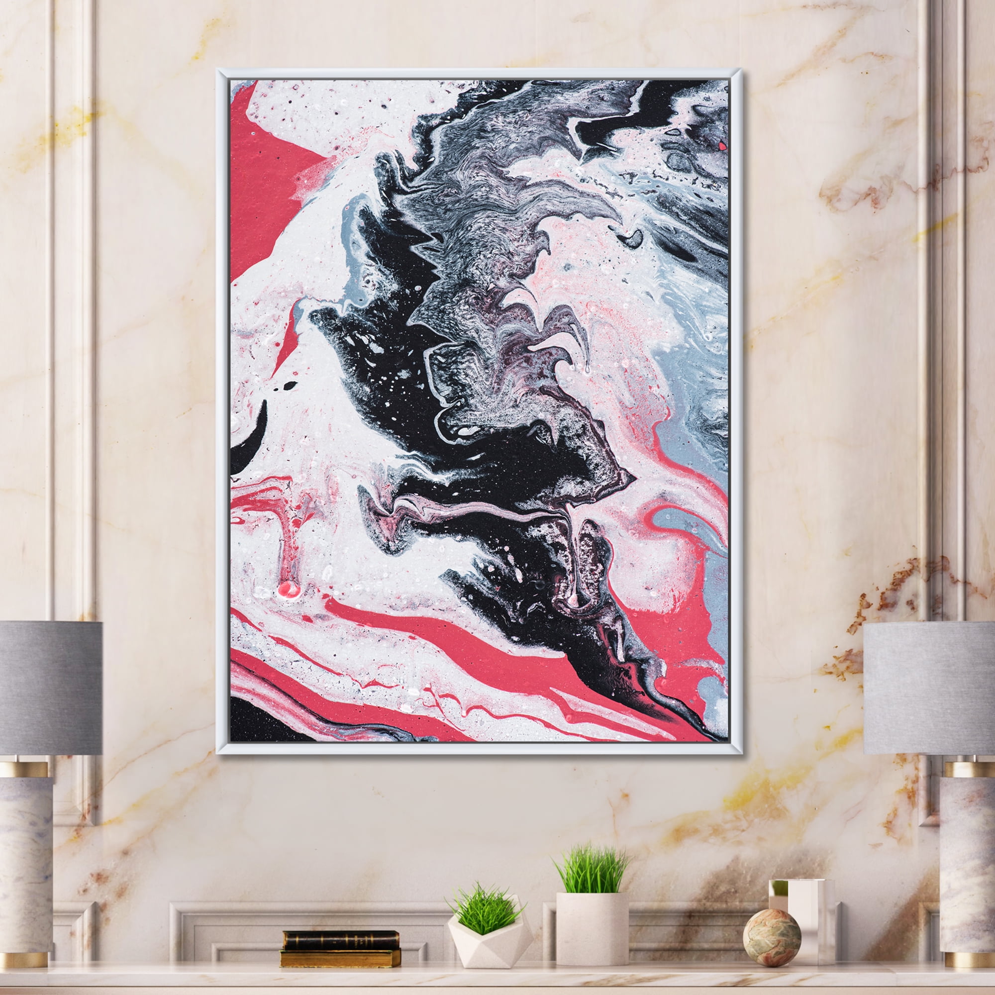 Abstract Marble Composition In Gray and Pink I 24 in x 32 in Framed Painting Canvas Art Print, by Designart