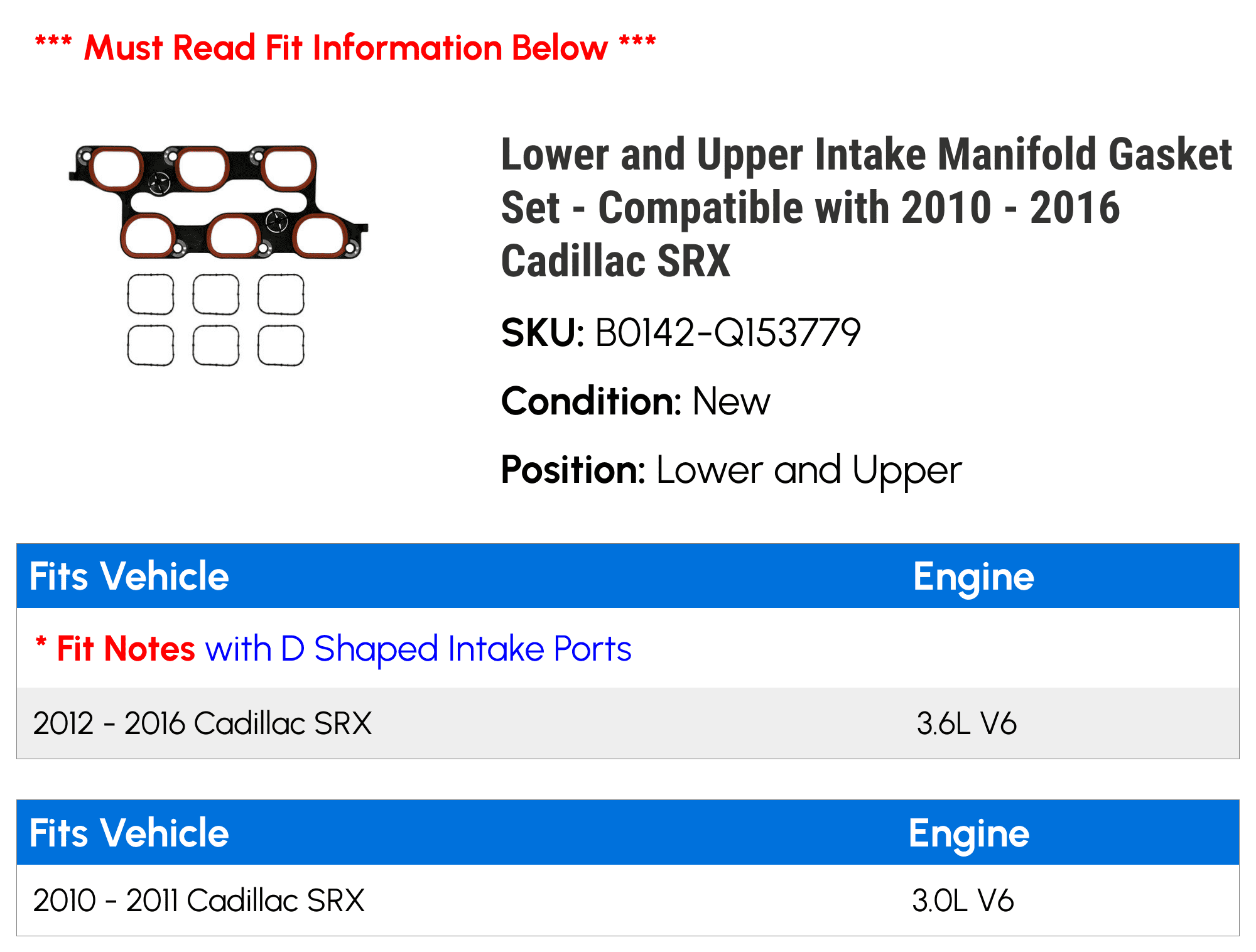 Lower and Upper Intake Manifold Gasket Set - Compatible with 2010 - 2016 Cadillac SRX 2011 2012 2013 2014 2015