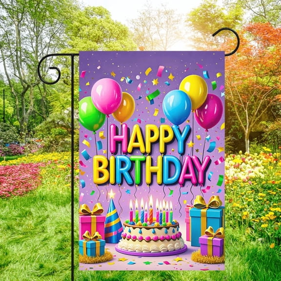 Garden Flag 1 piece, Happy birthday Double-sided garden flag - 2D flat party cake balloon design, courtyard symbol, very suitable for courtyard, lawn and outdoor decoration, garden decoration, party