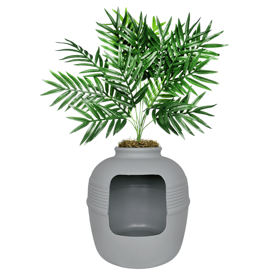 Good Pet Stuff Hidden Cat Litter Box Enclosure with Artificial Plant, Odor Filter System, Original Round Planter, Base Kit, Stone Gray