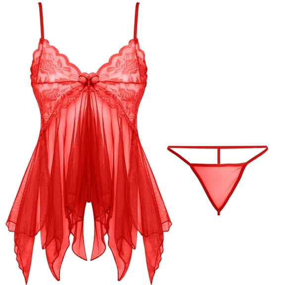 Levmjia Women's Lace Nightgown Set Deep V Backless Fashion Printed Suspender Adjustable Straps Sleepwear for Honeymoon Underwear Valentine