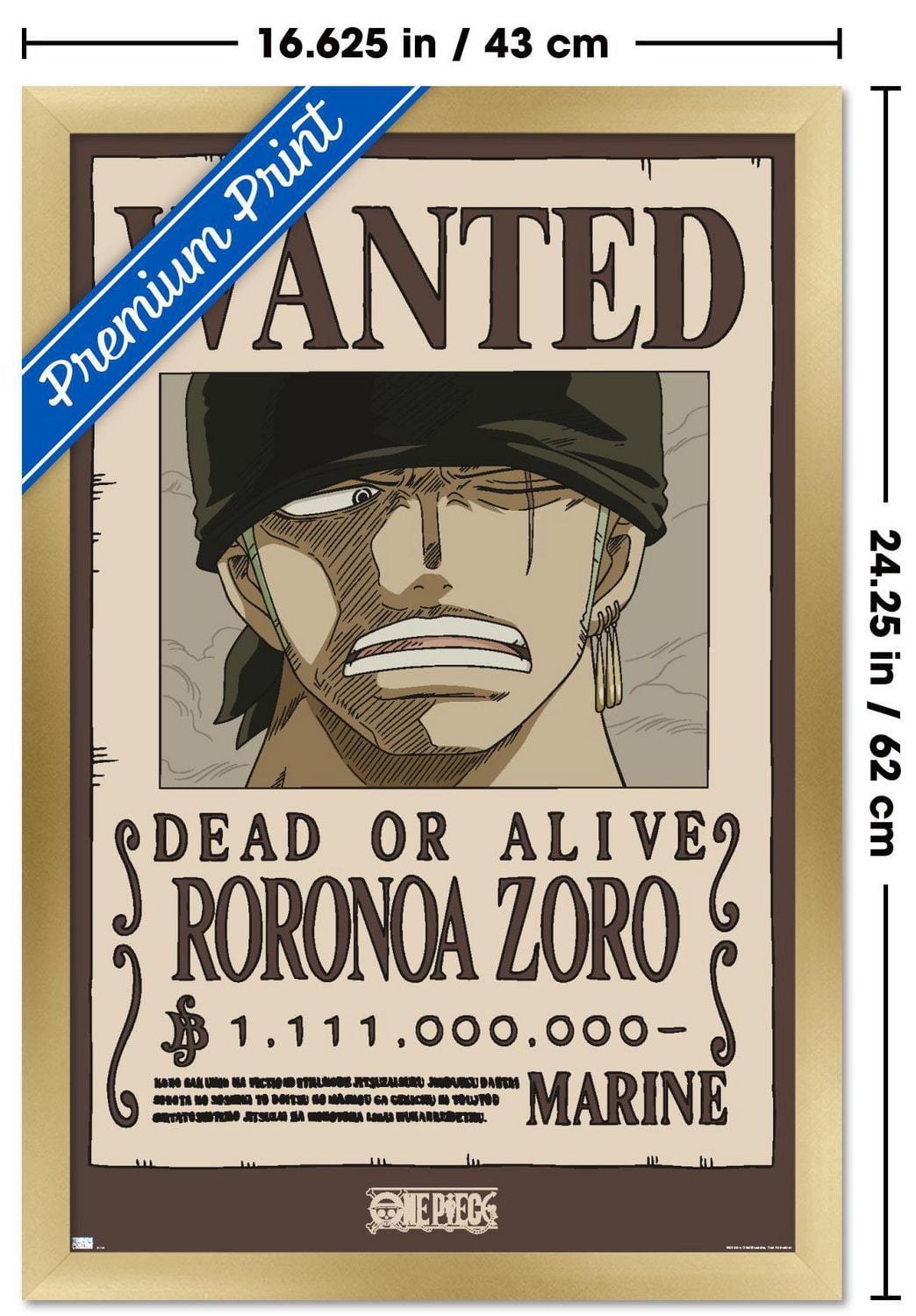 One Piece - Roronoa Zoro Wanted Poster Wall Poster, 14.725" x 22.375" Framed